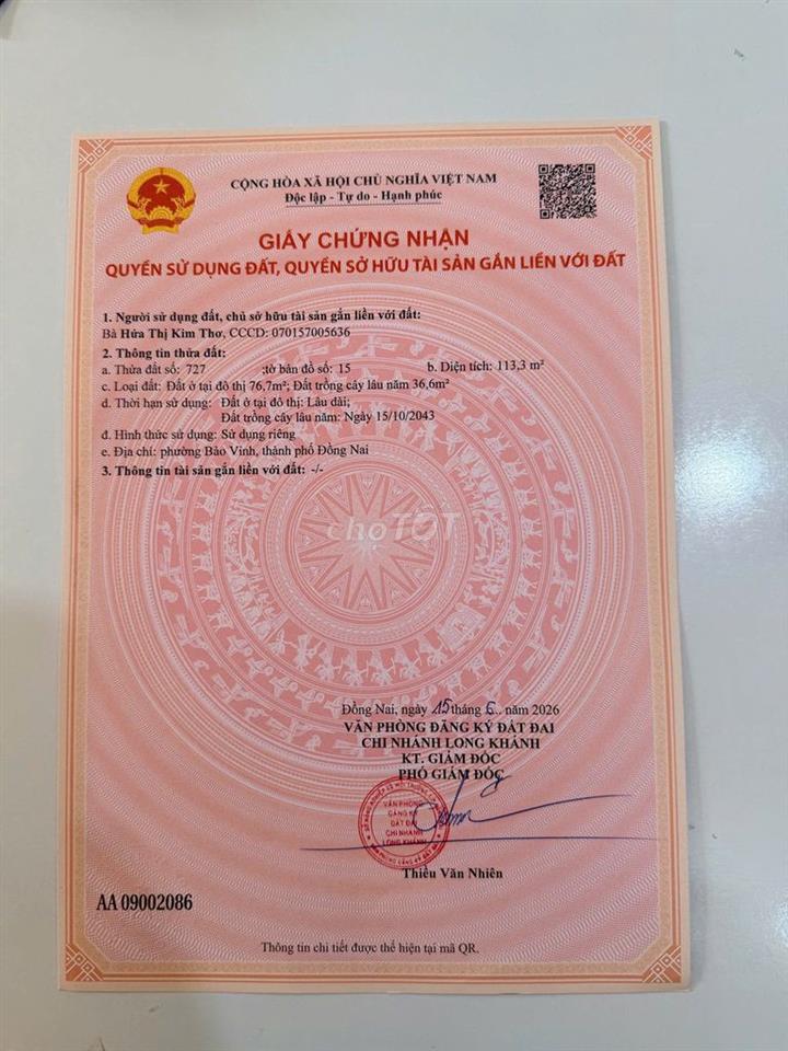 BÁN NỀN ĐẤT THỔ CƯ SỔ RIÊNG GẦN ỦY BAN PHƯỜNG BẢO VINH, ĐỒNG NAI
