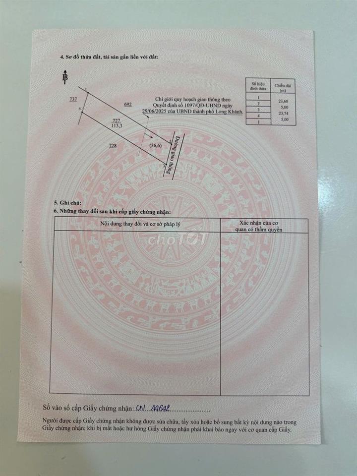 BÁN NỀN ĐẤT THỔ CƯ SỔ RIÊNG GẦN ỦY BAN PHƯỜNG BẢO VINH, ĐỒNG NAI