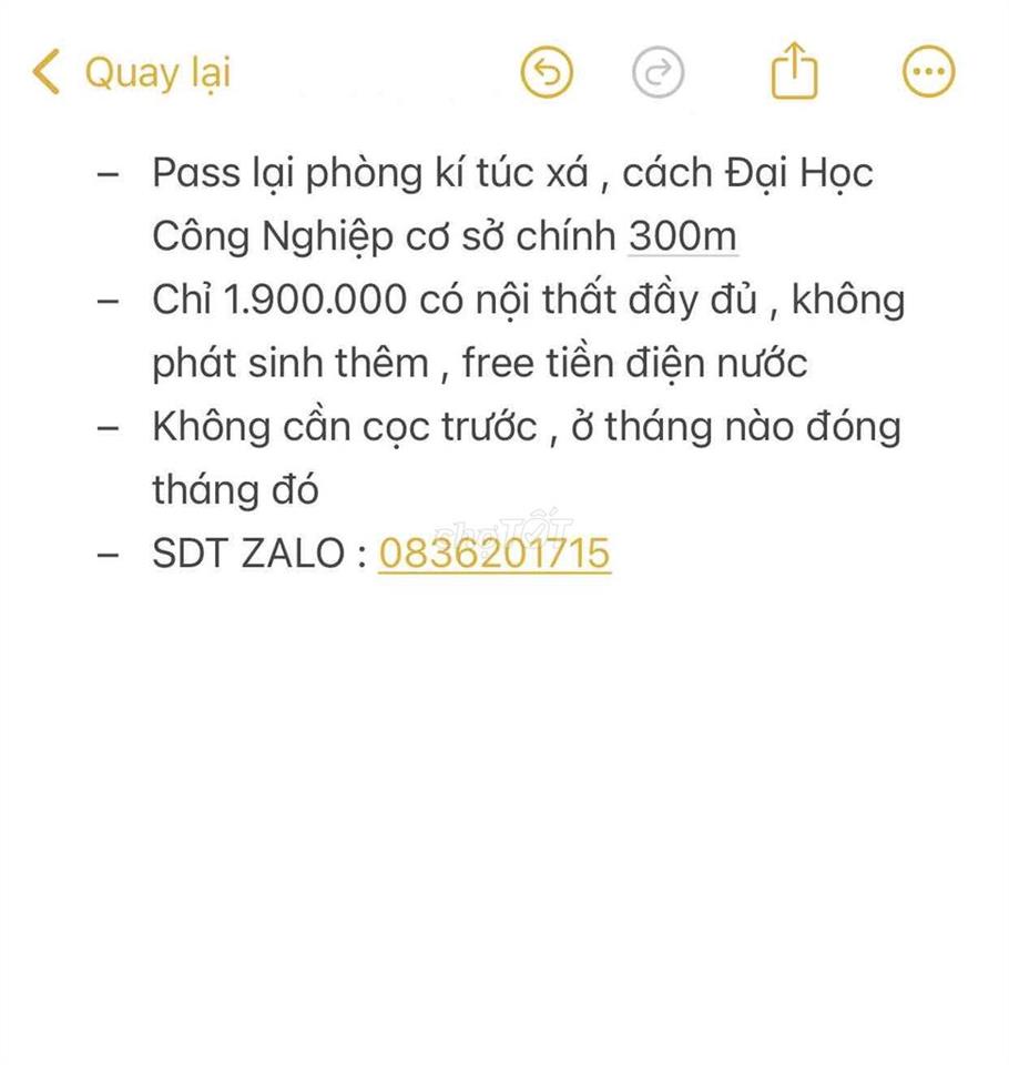 Pass phòng kí túc xá ngay IUH , không cần cọc trước