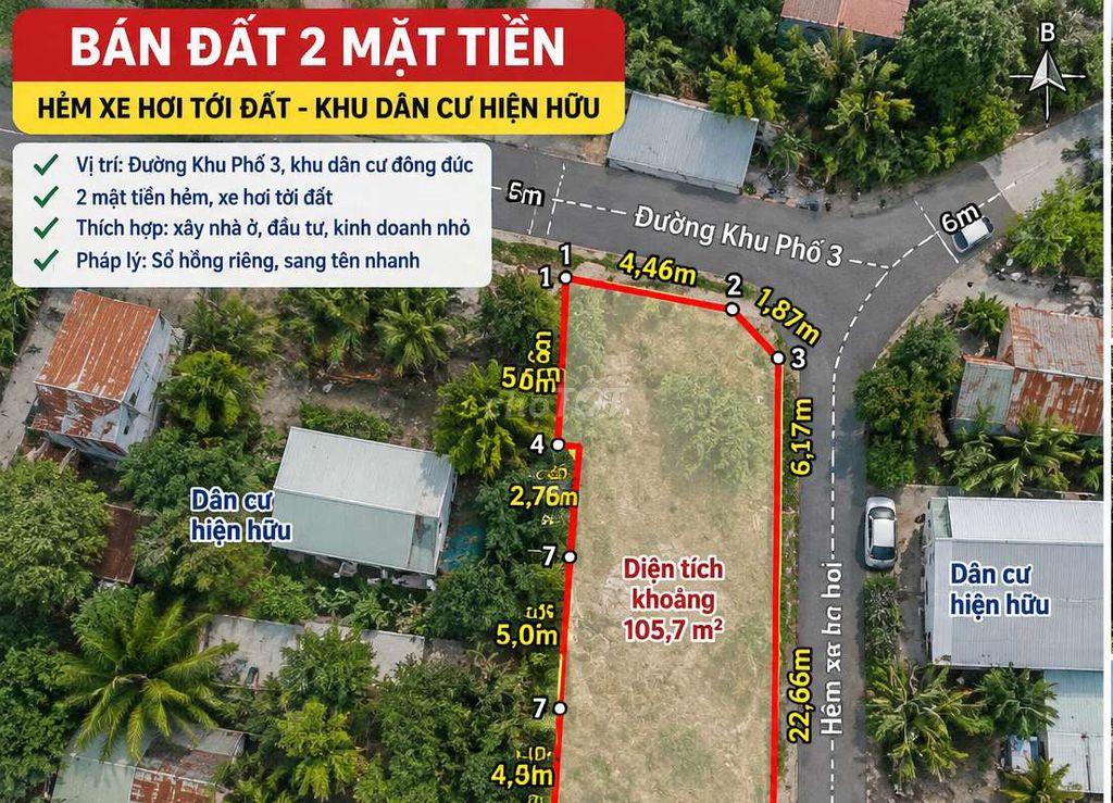 BÁN ĐẤT 2 MẶT TIỀN HẺM XE HƠI – KHU DÂN CƯ HIỆN HỮU
