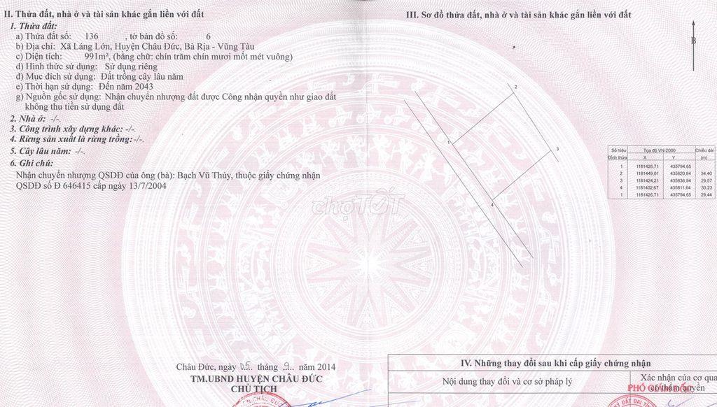 Đất Láng Lớn, Châu Đức, BR-VT vuông vắn, đượng nội bộ 5m, có suối