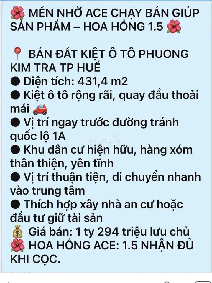 Cần bán lô đất tại phường KIM TRÀ TỨ HẠ TP HUẾ