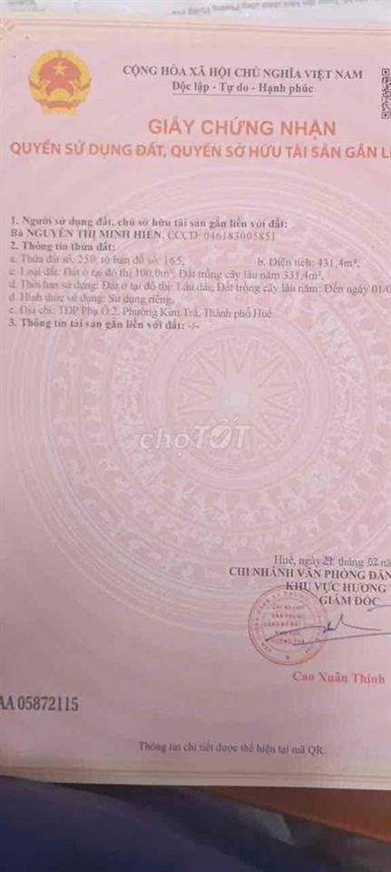 Cần bán lô đất tại phường KIM TRÀ TỨ HẠ TP HUẾ