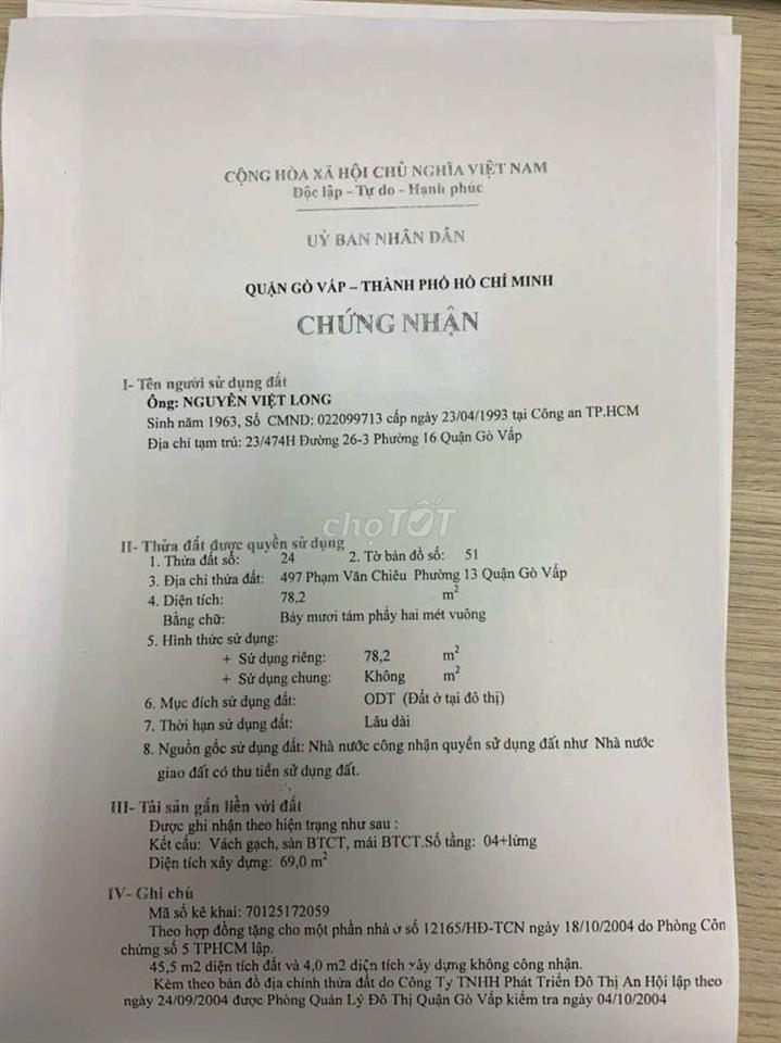 BÁN NHÀ MẶT TIỀN PHẠM VĂN CHIÊU GÒ VẤP GIÁ TỐT