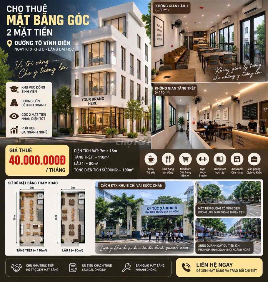 CHO THUÊ MẶT BẰNG GÓC 2 MẶT TIỀN- NGAY LÀNG ĐẠI HỌC