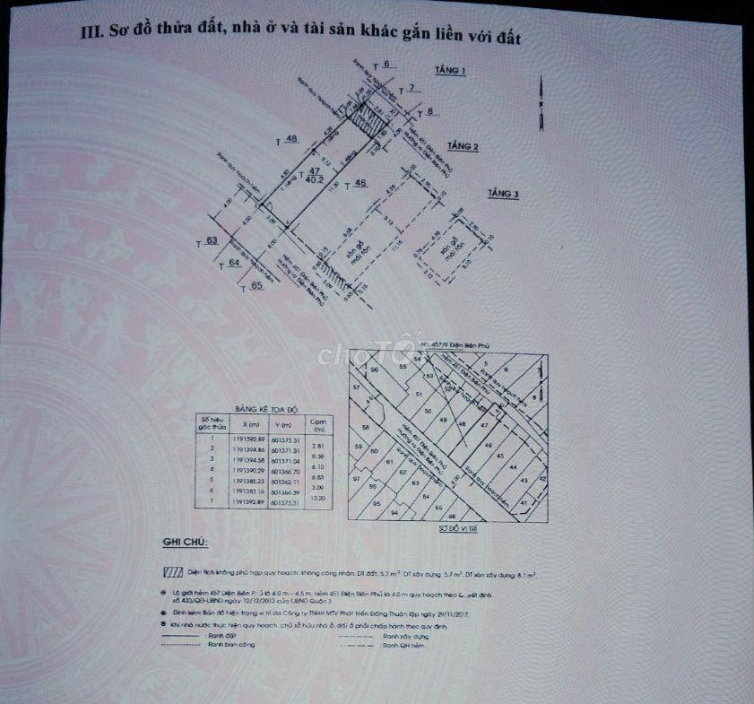 Chính chủ bán nhà 457/9 Điện Biên Phủ, P.3, Q3, nhà 2 mặt tiền hẻm