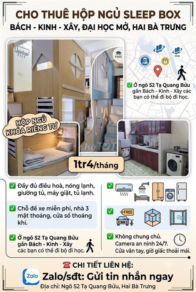 Cho thuê hộp ngủ sleep box Bách - Kinh - Xây, Đại Học Mở, Hai Bà Trưng