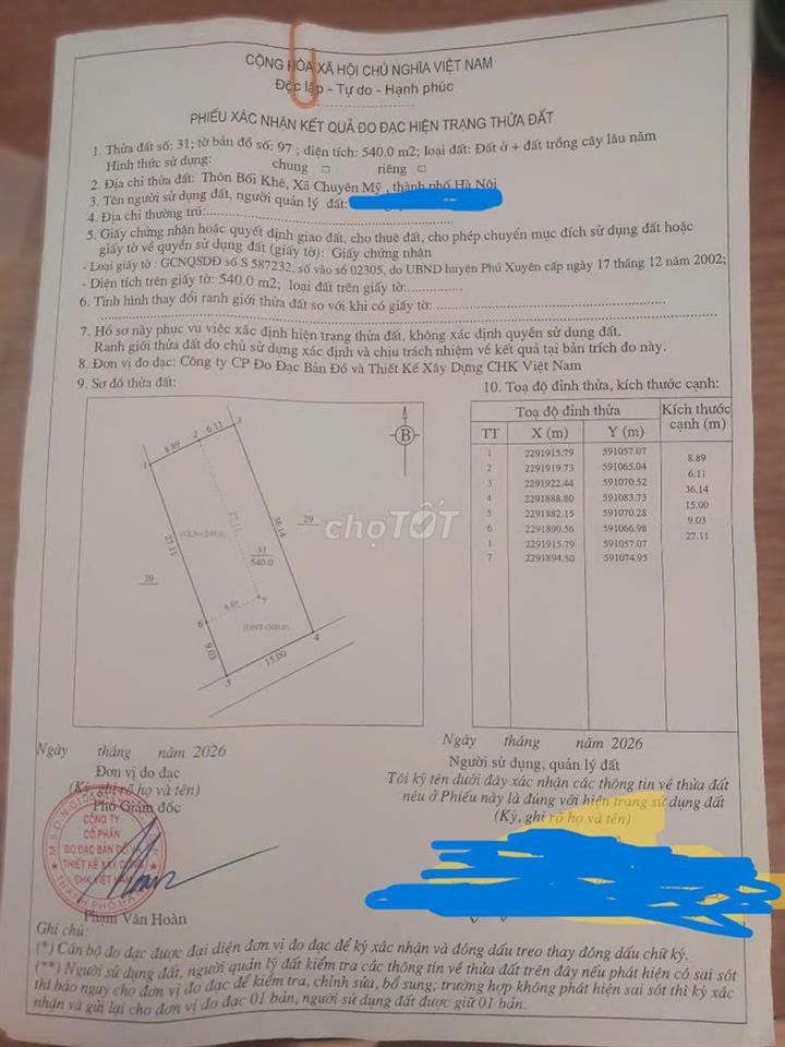 Chính chủ bán 540m² đất tại Mỹ Văn, Chuyên Mỹ, Phú Xuyên, Hà Nội