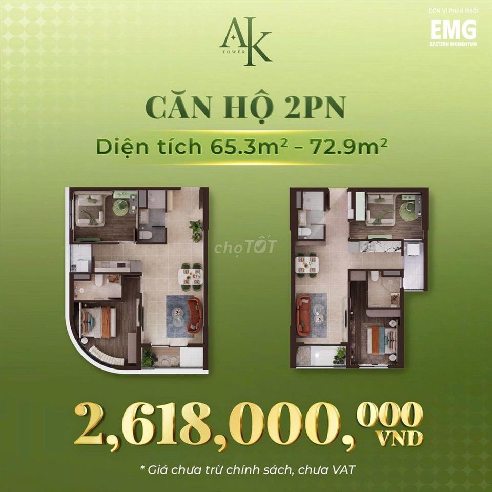 2PN 65,3m² A&K Tower Thuận An 2,618 tỷ, hỗ trợ 68,8tr tiền thuê