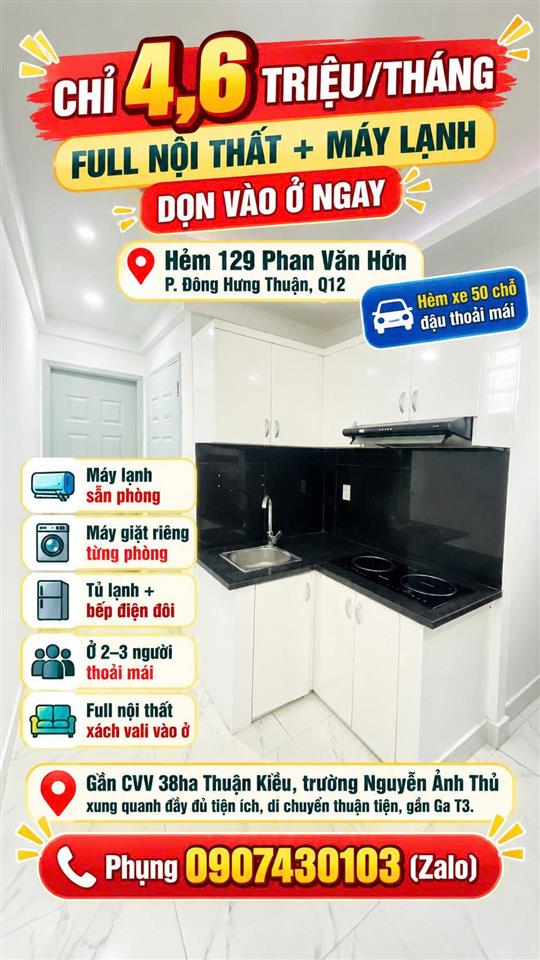 Cho thuê phòng Full nội thất Phan Văn Hớn Q12 hẻm xe 50 chỗ 4.6 triệu