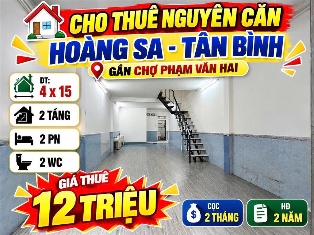 Cho thuê nhà mặt tiền thụt Hoàng Sa Tân Bình, 4x15m, 12tr