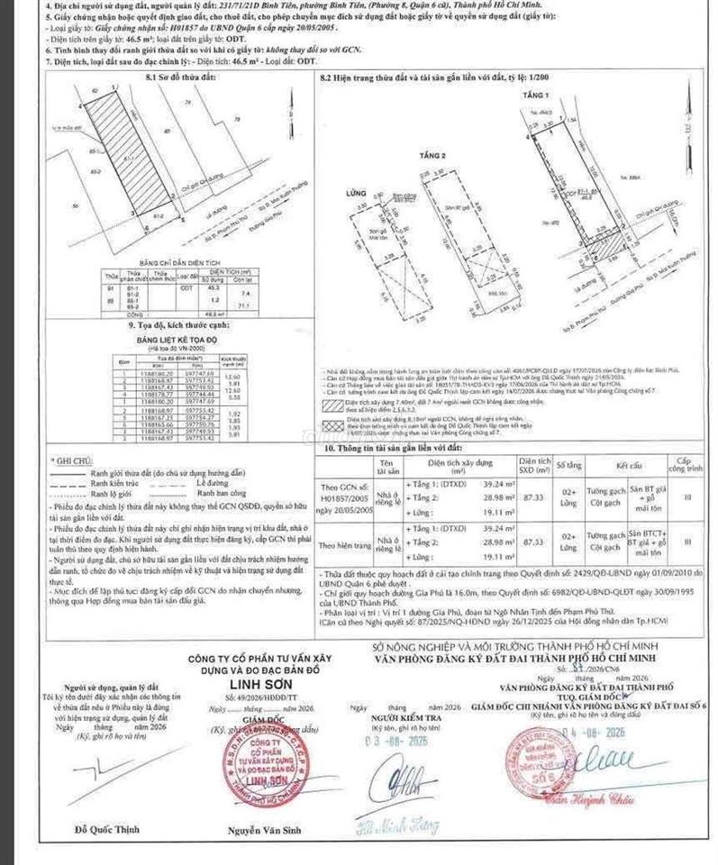 DT: Ngang 3.85 x dài 14.8 DTCN 46.5m2 ( Diện tích đất 52m2) - Kết cấu: