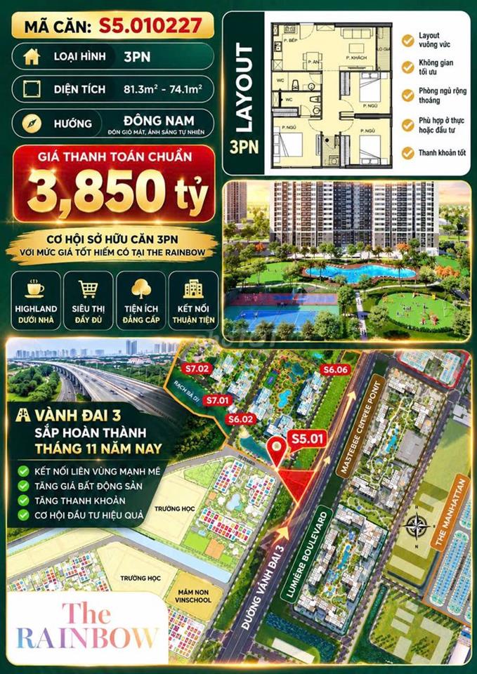 GIÁ TỐT! CĂN 3PN VINHOMES GRAND PARK CHỈ 3,850 TỶ!
