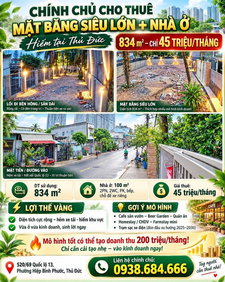 Cần cho thuê nhà và đất diện tích lớn 835 m2