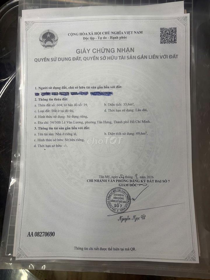 bán nhà ở riêng lẻ, Lê Văn Lương, P Tân Hưng, Q 7