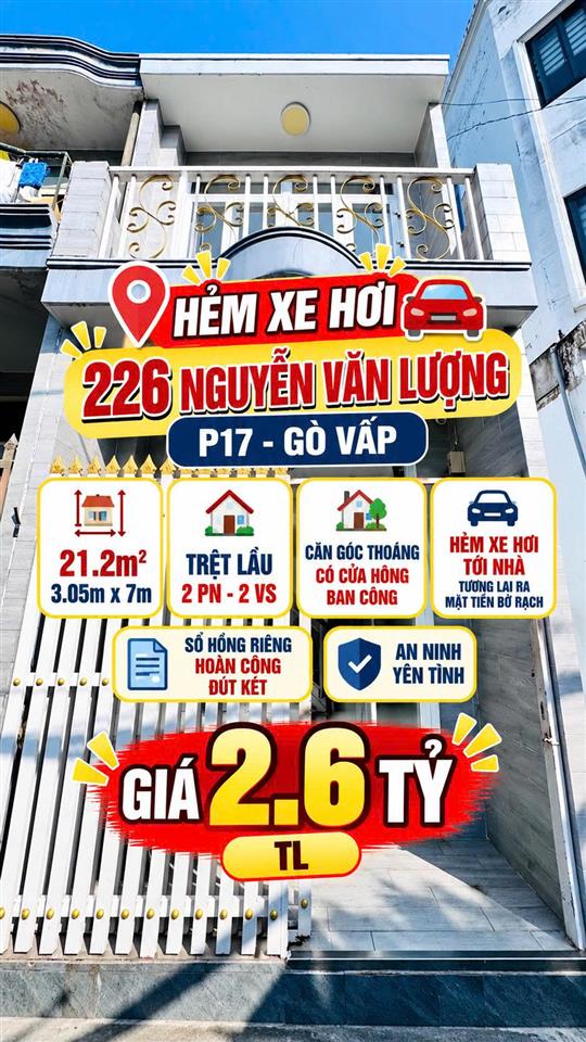 Nhà Nguyễn Văn Lượng P17 Gò Vấp 21m2 , hẻm xe hơi  giá 2.6tỷ