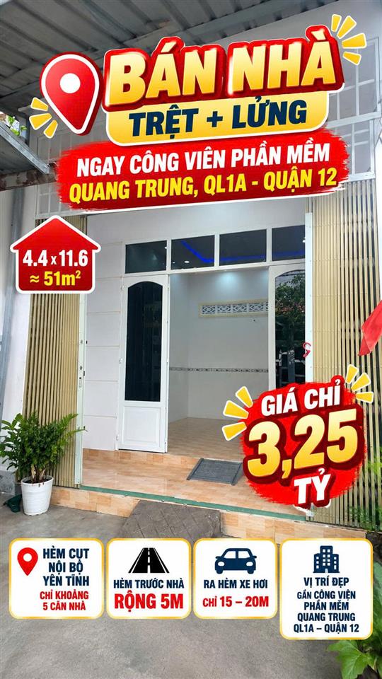 Bán nhà 51m2 trệt lửng ngay CVPM Quang Trung Q12 hẻm 5m giá 3.25tỷ