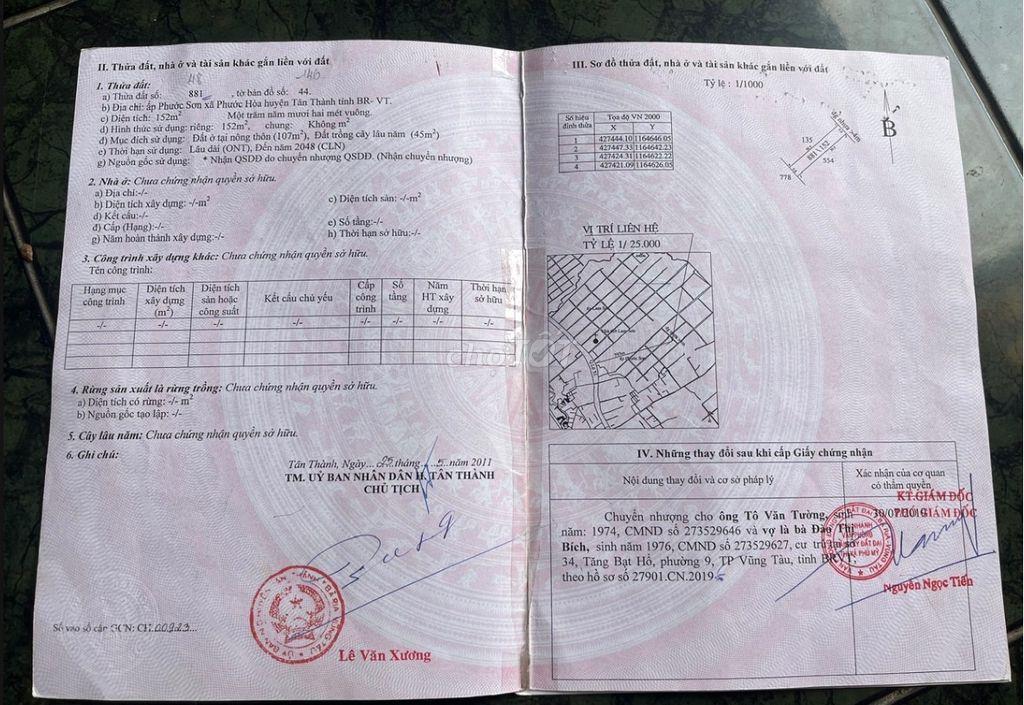 Bán đất Ấp Phước Sơn, Xã Phước Hòa, Huyện Tân Thành, Tỉnh BRVT