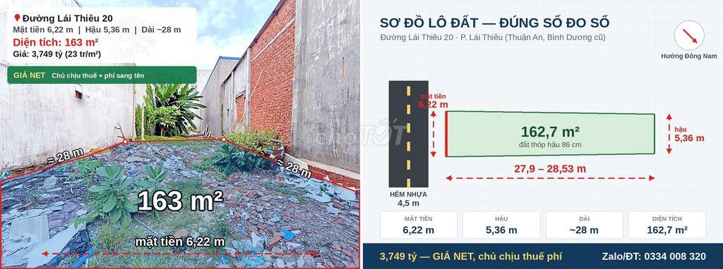 Bán đất 163m2 ngang 6,22m hẻm 4,5m, Lái Thiêu 20, giá net sang tên