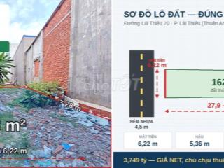 Bán đất 163m2 ngang 6,22m hẻm 4,5m, Lái Thiêu 20, giá net sang tên