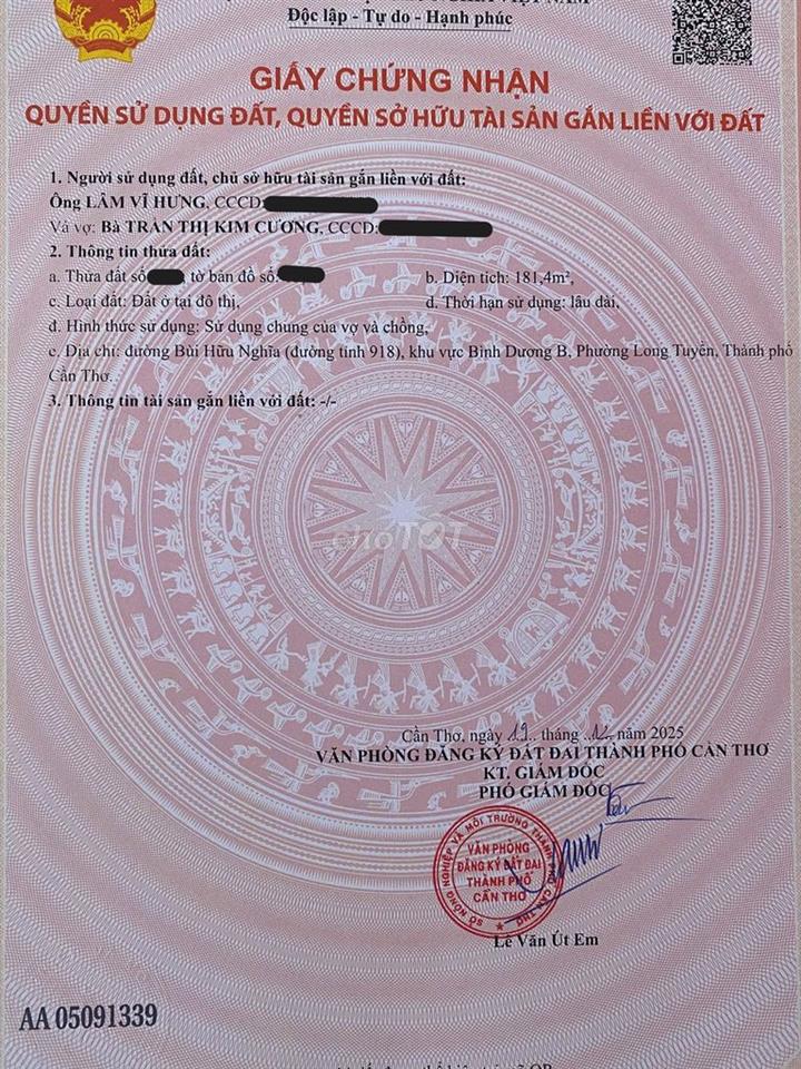 ĐẤT MẶT TIỀN LỘ 6M, ĐƯỜNG BÙI HỮU NGHĨA, ĐẤT THỔ CƯ