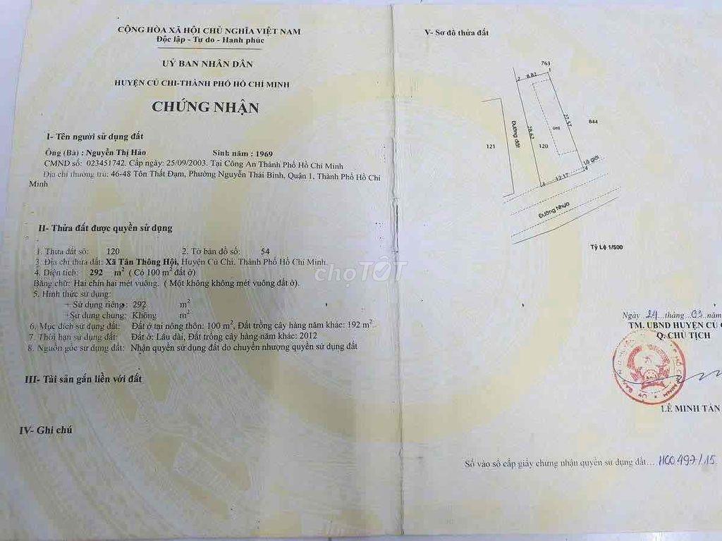Cần bán lô đất đẹp ngang 12m tổng 292m2 đường số 54 Củ Chi 900TR