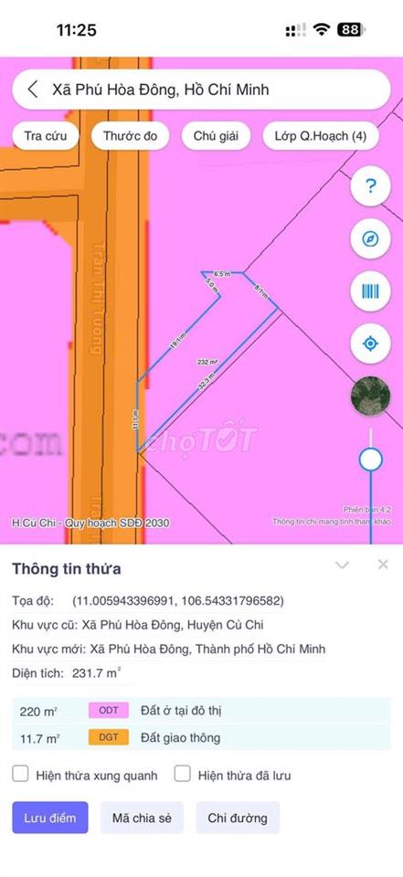 Đất 231.8m2 rộng bằng 2 lô 5x20, thổ cư 220m2, đường lộ giới 12m
