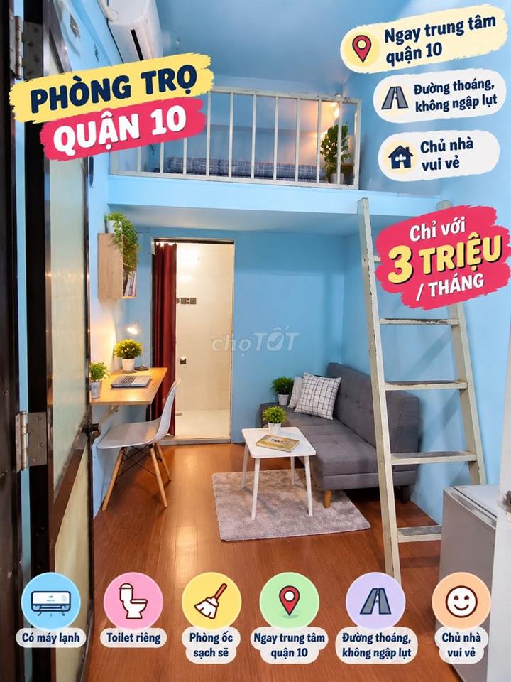 Cho thuê phòng có gác lửng, toilet riêng – 14 Trần Minh Quyền, Quận 10