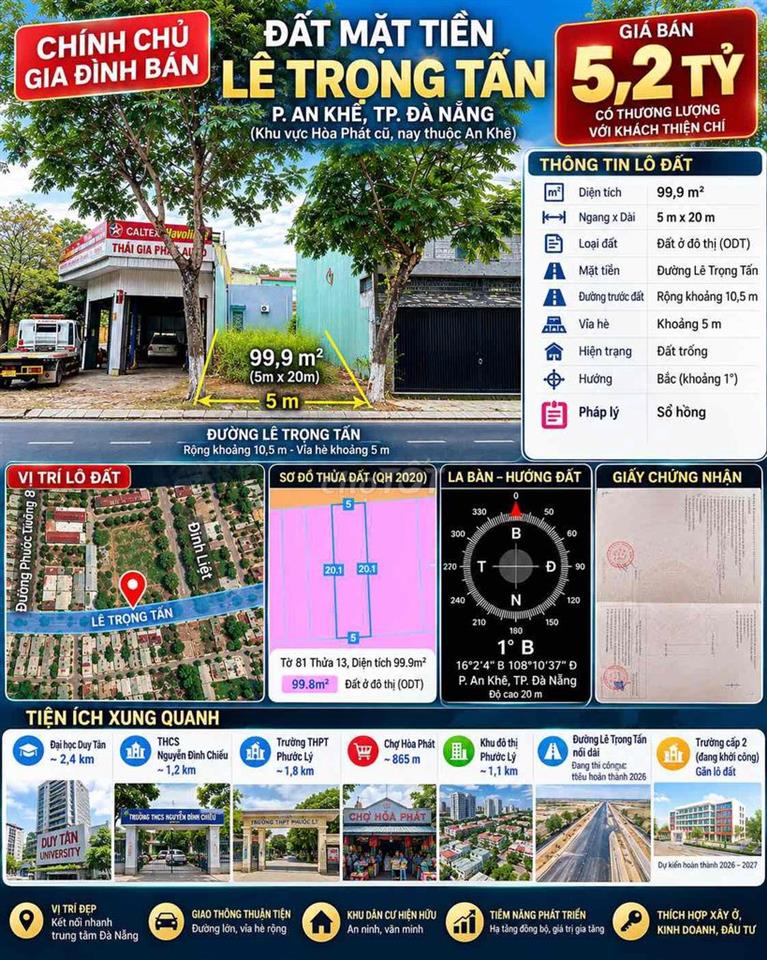 Bán đất mặt tiền Lê Trọng Tấn, An Khê, 99,9m², đường 10,5m, giá 5,2 tỷ