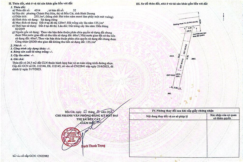 CHÍNH CHỦ BÁN ĐẤT PHƯỜNG CHÁNH PHÚ HÒA - BÌNH DƯƠNG (CÓ THỔ CƯ)