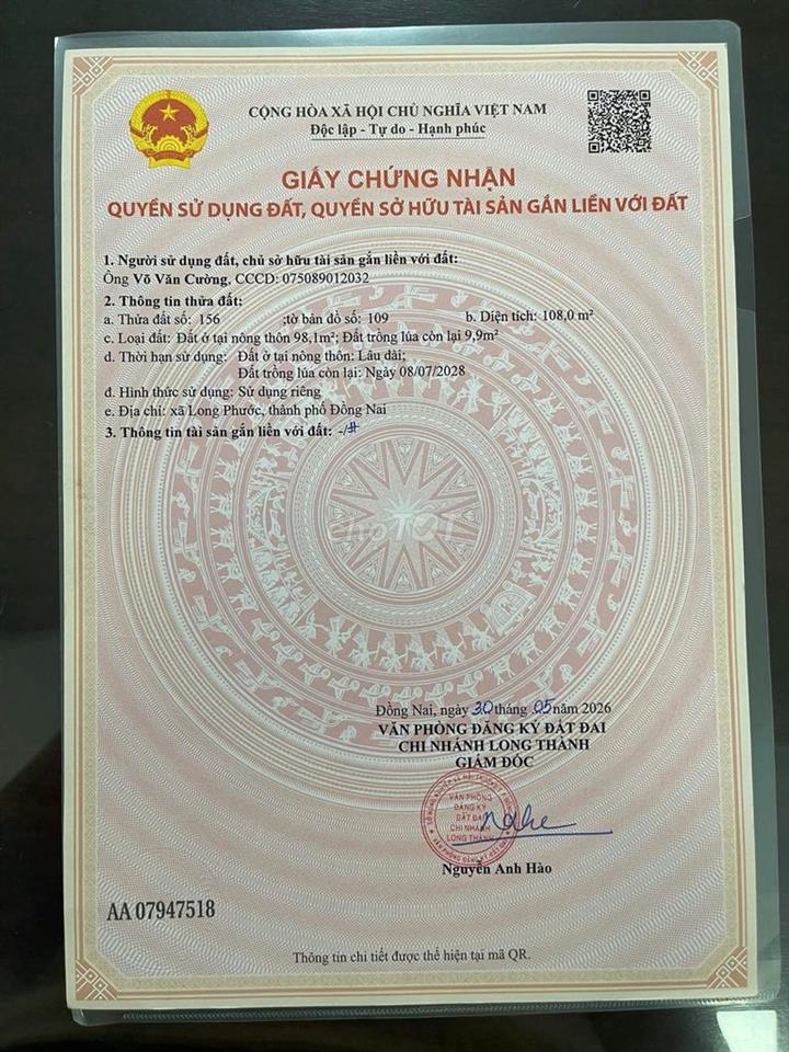 Chính chủ cần bán lô đất nền full thổ gần sân bay Long Thành
