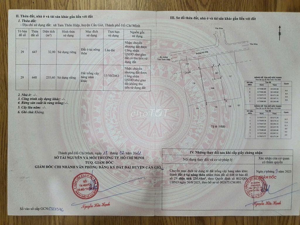 BÁN ĐẤT CHÍNH CHỦ – XÃ TAM THÔN HIỆP, HUYỆN CẦN GIỜ