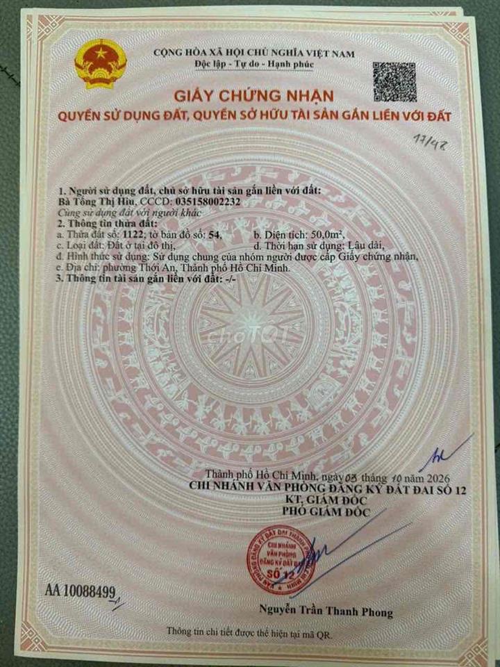 GIẢM GIÁ CHỈ 2.650 TỶ CHO LÔ ĐẤT SHR ĐƯỜNG 6M TX 52 Q12