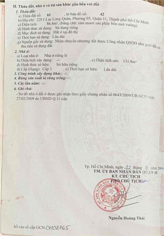 NHÀ CHÍNH CHỦ Q11 BÌNH THỚI