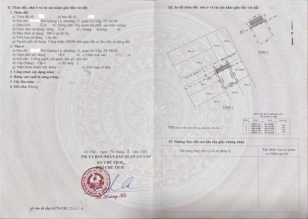 Cần bán gấp căn nhà: Đường Bùi Quang Là, P. An Hội Tây -TP.HCM.
