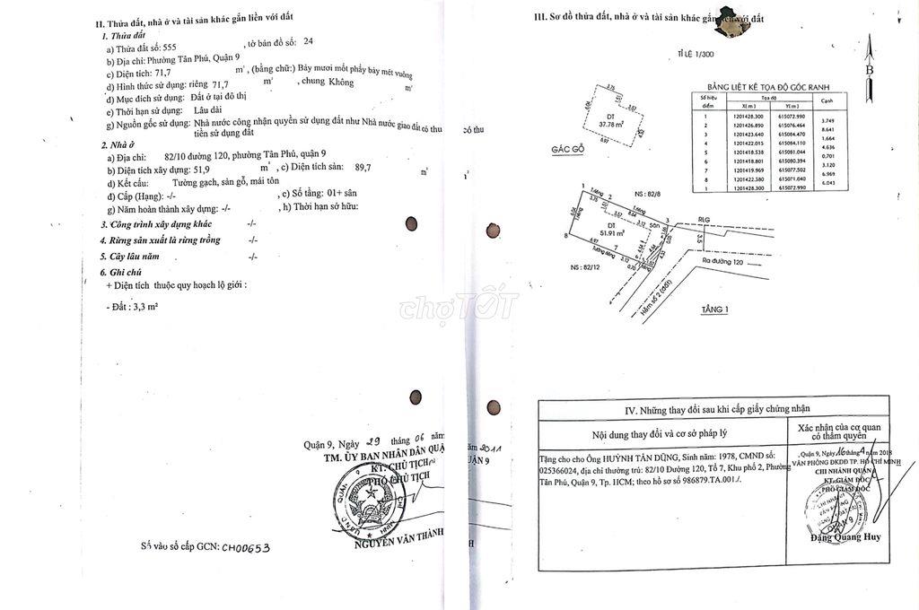 Bán NR tại 82/10, Đường 120, Phường Tân Phú, Quận 9, TP.HCM