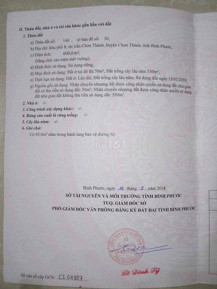 Đất mặt tiền đường nhựa lớn tại khu phố 8 phường Chơn Thành