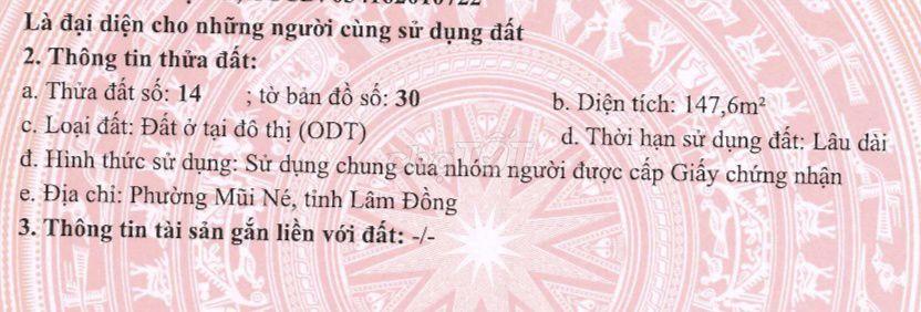Bán đất nền 147.6m2 full thổ, Mũi Né. Hướng Nam, nở hậu