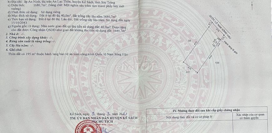 Bán đất thổ cư + đất vườn đang trồng cây ăn quả (cách bờ sông Hậu 50m)