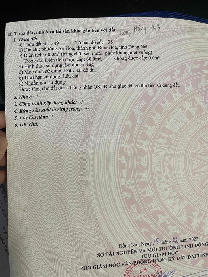 m chính chủ cần bán lô đất An hoà (cũ) nay p Long Hưng