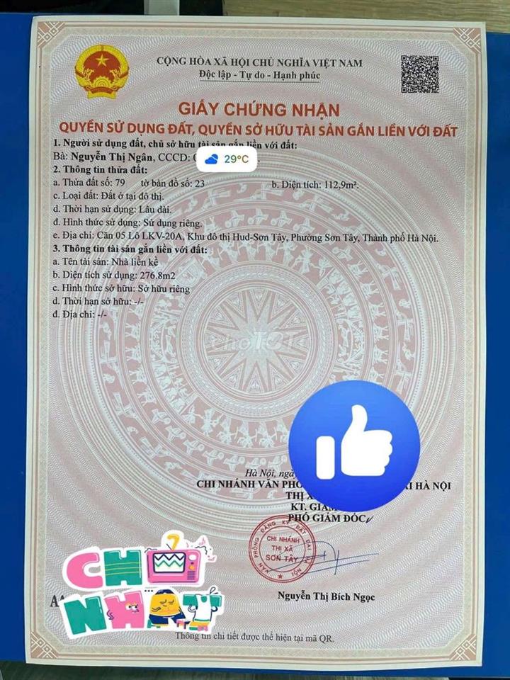 Bán căn hộ liền kề thuộc Khu đô thị HUD Sơn Tây 