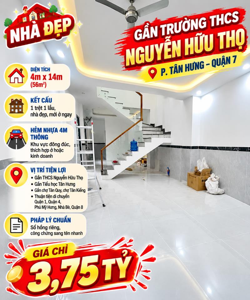 🔥🏡 NHÀ GẦN TRƯỜNG THCS NGUYỄN HỮU THỌ, TÂN HƯNG – 56M², HẺM NHỰA 4M THÔNG – GIÁ 3,75 TỶ 🔥