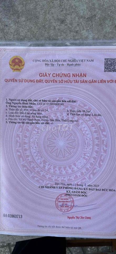 Chính chủ cần bán lô đất 90m2 đường Giồng lớn, xã Mỹ Hạnh Nam, Long An
