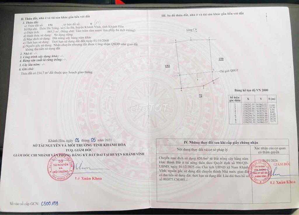 BÁN THỬA ĐẤT THÔN ĐÁ TRẮNG, HUYỆN KHÁNH VĨNH, TỈNH KHÁNH HOÀ.