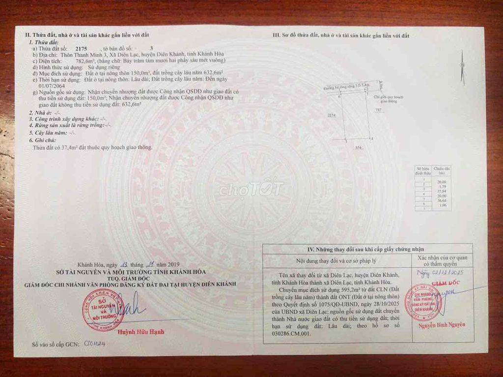 BÁN THỬA ĐẤT THÔN THANH MINH 3, XÃ DIÊN LẠC, TỈNH KHÁNH HOÀ.