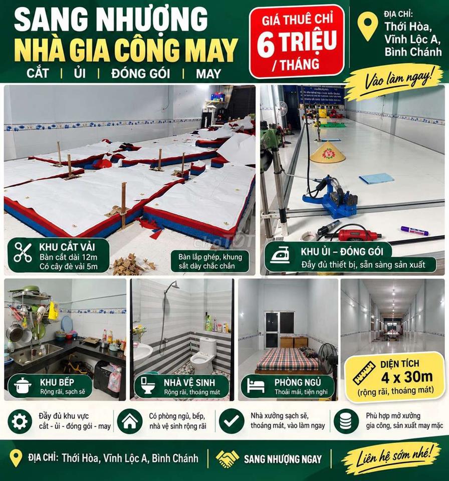 Sang lại nhà cắt may - 4x30, 1 phòng ngủ, phòng khách trống dài 15m