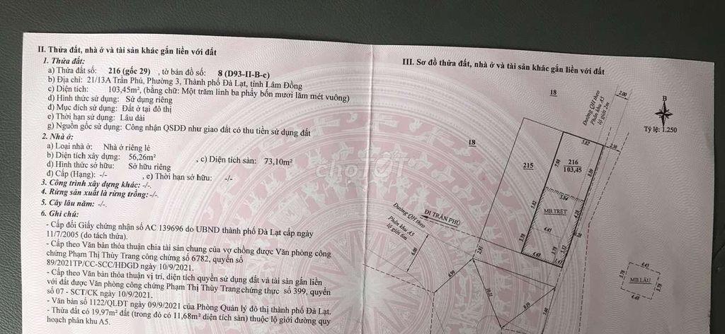BÁN NHÀ 2MT ĐƯỜNG TRẦN PHÚ PHƯƠNG XUÂN HƯƠNG TP ĐÀ LAT 