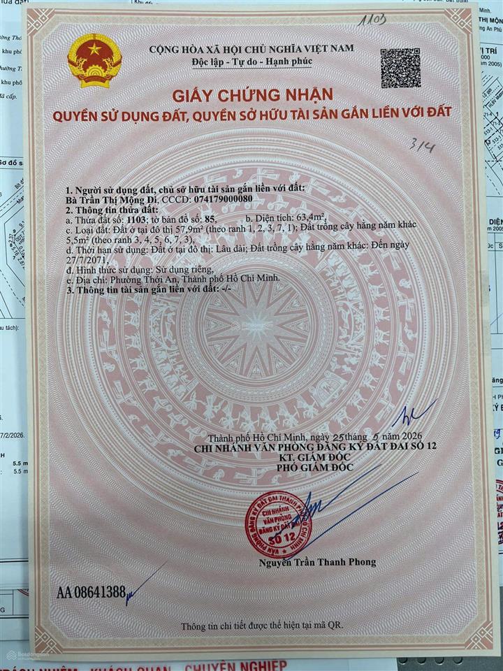 Lô đất 63,4 m2 có thổ cư  mặt kênh giá chỉ 3.15 tỷ  tô ngọc vân, chợ minh phát