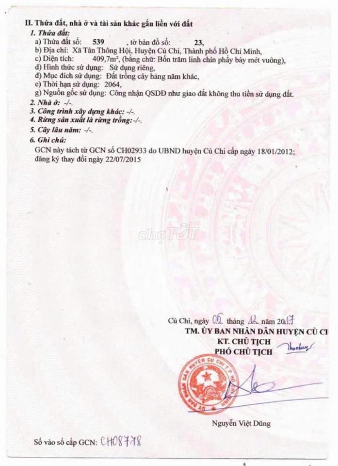 800 tr đất mặt tiền tại tân thông hội , củ chi