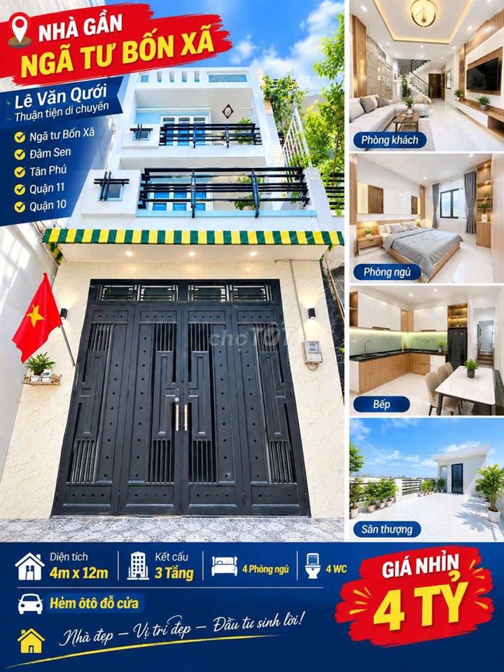 CHÍNH CHỦ CẦN BÁN NHÀ 4m * 12 , 3 TẦNG 4PN, HXH - NHĨN 4 TỶ 